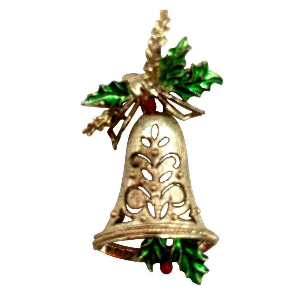 Vintage Christmas Bell Pin Brooch Gerrys Green & Red Enamel Holly Leaves Festive